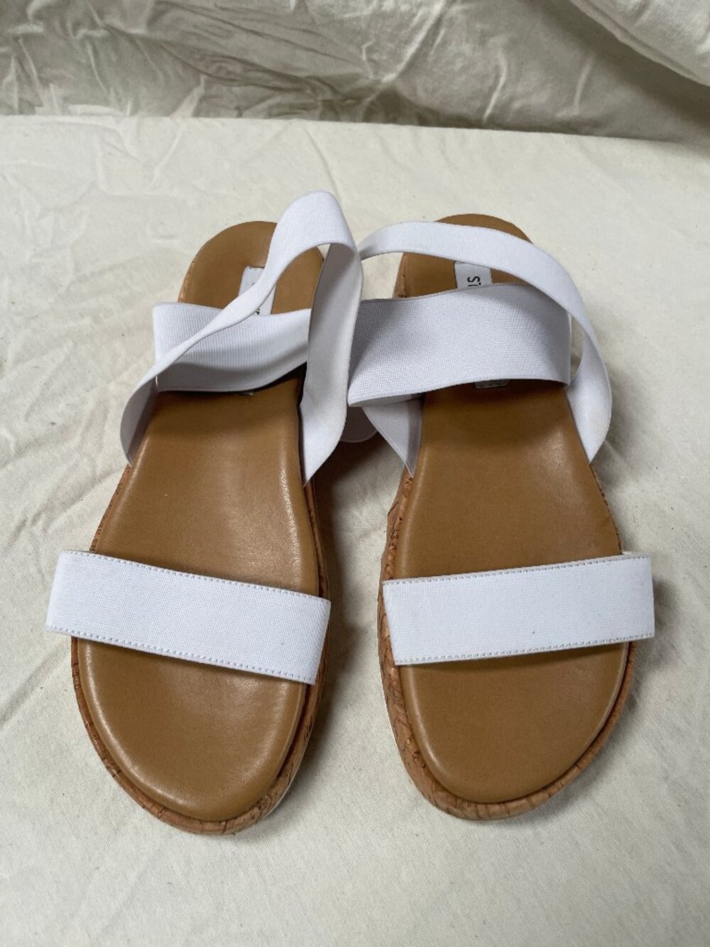 Steve Madden White Elastic Stretch Band Cork Platform Wedge Sandals Size 9